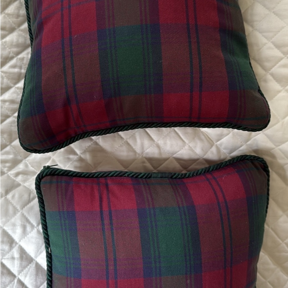 Lindsay tartan plaid 14 inch square down filled throw pillows